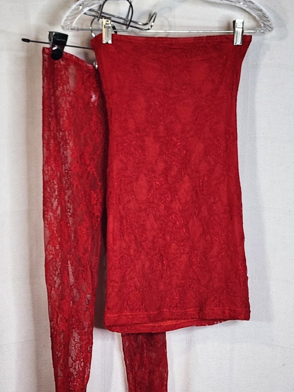 Akoee Red Floral Lace Poly Elastane Tube Top Mini Dress w/Lace Stockings 2pc SM